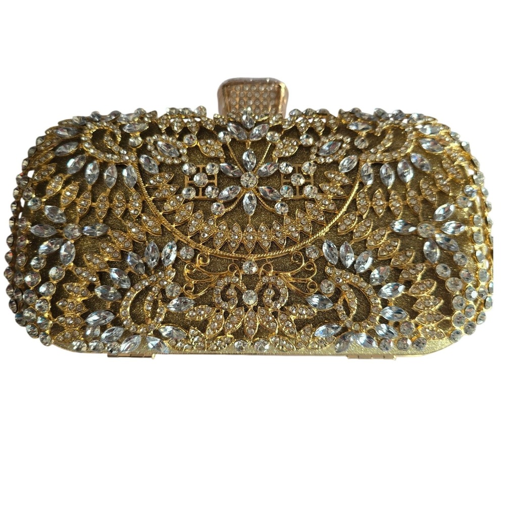Gold Rhinestone Filigree Evening Clutch Bag Detachable Chain Formal Minaudiere - Picture 8 of 9
